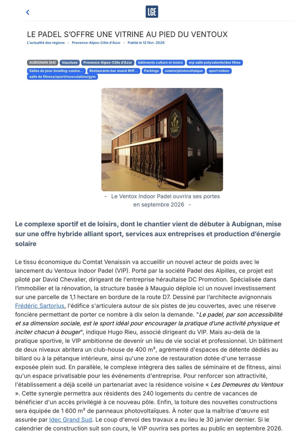 Article de La Gazette Éco sur le complexe Ventoux Indoor Padel