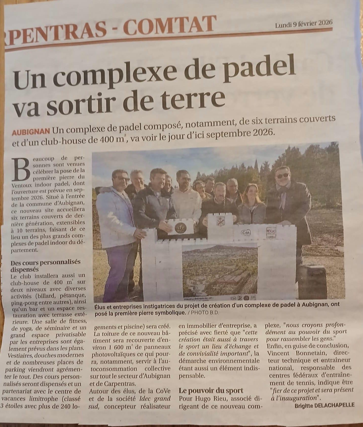 Article de La Provence sur la pose de la première pierre du Ventoux Indoor Padel